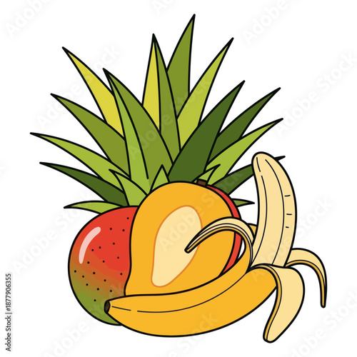 Colorful Fruit Illustration with Pineapple Strawberry Banana.