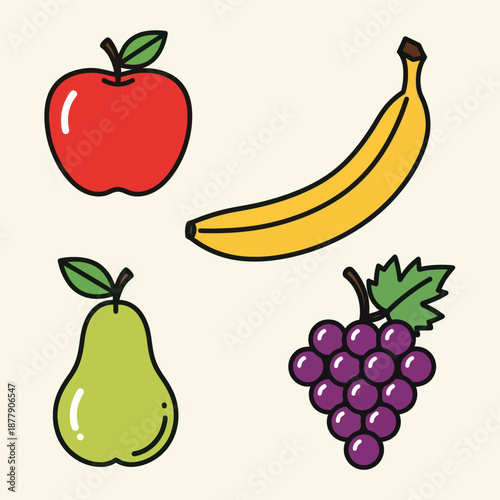 Cartoon Fruits Apple Banana Pear Grapes.