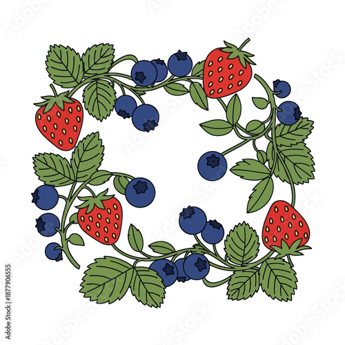 Strawberry and Blueberry Wreath Illustration.