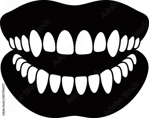 Black and White Vector Silhouette Illustration of an Open Mouth with Sharp Vampire Teeth and Fangs, Perfect for Horror Designs, Halloween Costumes, Gothic Posters, or Spooky Dental Graphics.