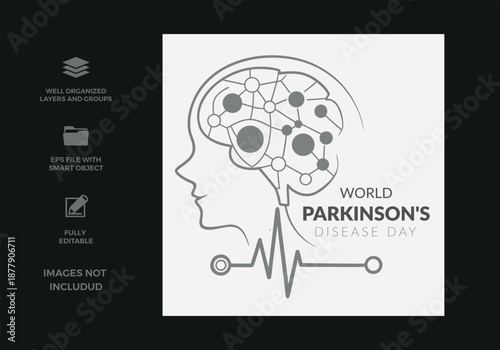 World parkinson's disease day awareness campaign with human brain network illustration