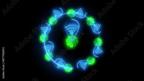  Neon Wifi Location Pin Icon, location with wi-fi icon animation isolated on black background. mobile Hotspot animation icon in neon glowing on black background. 4k resolution.