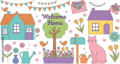 Welcome home illustration with cute houses, flowers, cat, mailbox and garden elements in pastel flat style