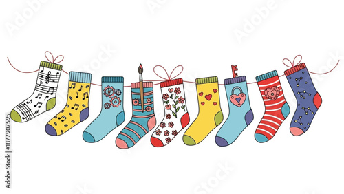 Colorful socks with creative designs hanging on a line to dry