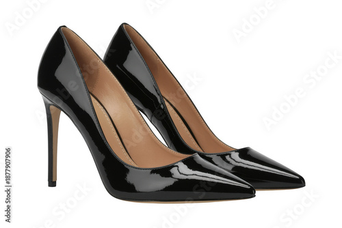 Black high-heeled shoes with tan interior fashion clothing isolated on a transparent background