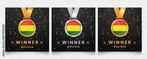 Bolivia Winner Set: Gold, Silver and Bronze Medals with Flag Design on Dark Background with Confetti Sparkles
