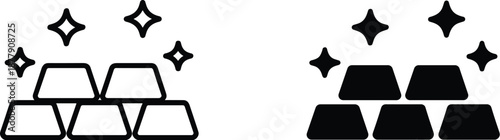 Gold bars and golden treasure with sparkling star shining bright in black and white outline vector illustration of wealth and prosperity for financial investment banking and precious metals trading in