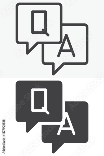 Question and answer letters in speech bubbles different style icon set. Line, outline and solid icon versions. Editable stroke vector sign and symbol. QA icon.