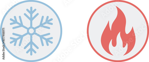 Minimalist snowflake and flame icons in circles representing hot and cold temperatures temperature control concept for weather forecasts climate change heating cooling systems engineering presentation