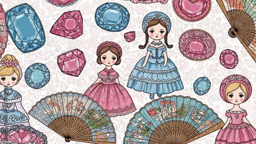 Vintage princess dolls surrounded by colorful jewels and ornate fans