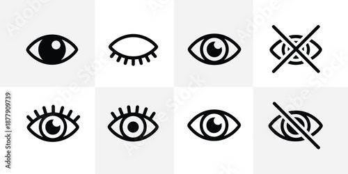 Eye Vision Icons Set Vector Illustration Featuring Open Closed Hidden Symbols for Privacy Security Sensitive Content Protection in Modern Minimalist Style Interface Design UI UX Elements for Healthcar