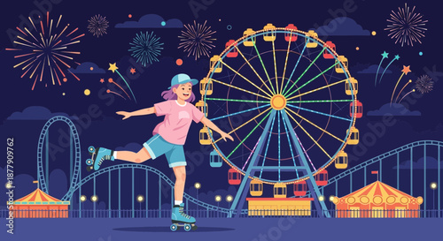 Joyful young woman with pink hair enjoys an evening of roller skating.