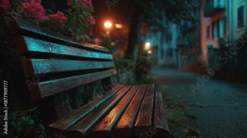 A solitary bench in a dimly lit alley, bathed in the soft glow of streetlights at night