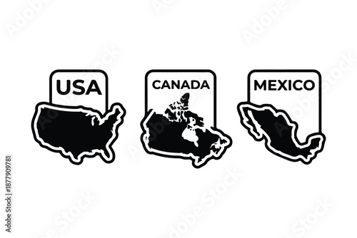 North America Country Map Icon Set USA Canada Mexico Vector Illustration