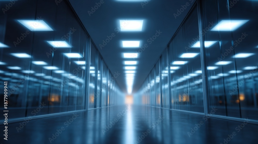 Fototapeta premium A futuristic data center interior with a bright pathway