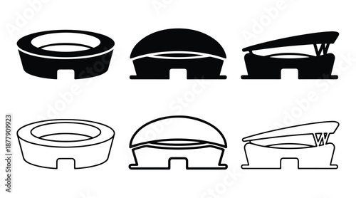 Stadium and Arena Icon Set Sports Venue Silhouette and Outline Vector Illustrations
