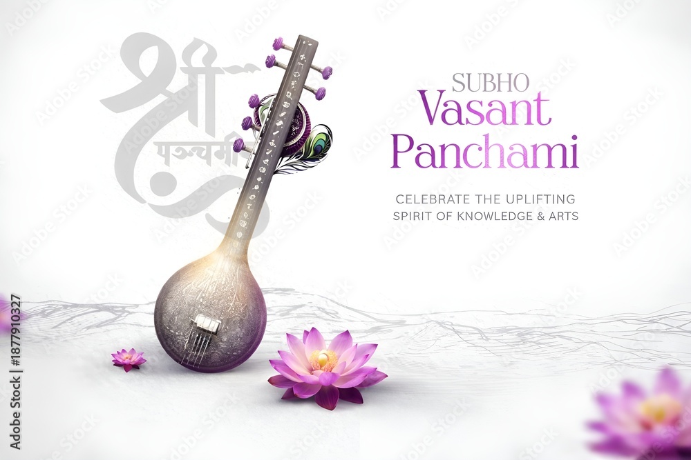 Obraz premium Basant panchmi Post with Veena and lotus flower