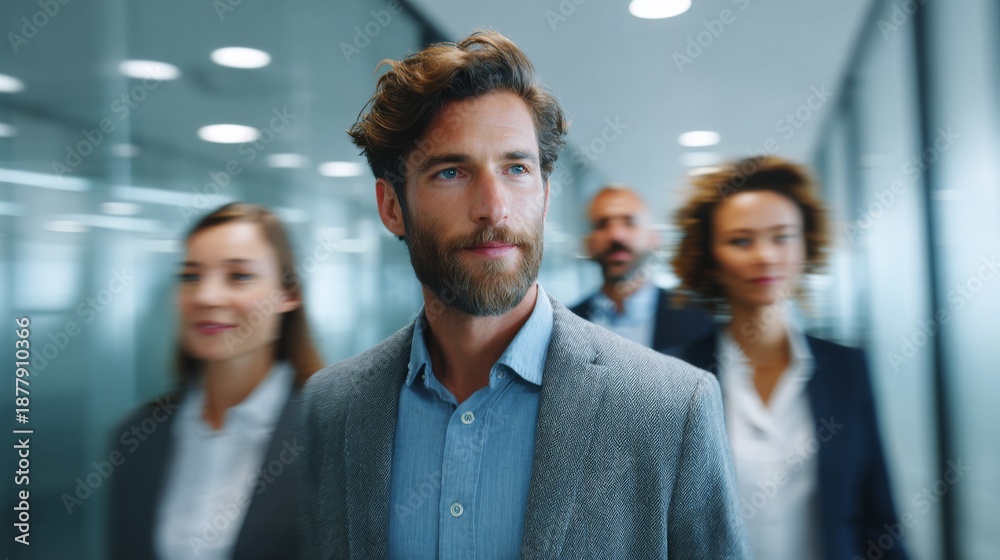 Obraz premium Confident business people walking in a modern office hallway
