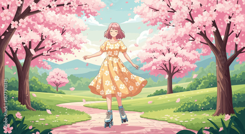 Anime Girl Roller Skating Under Cherry Blossom Trees.