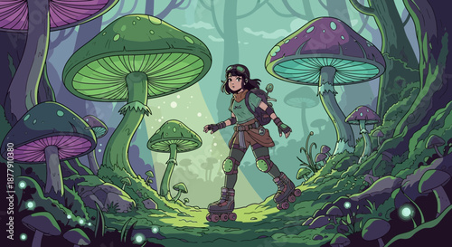 Anime style female adventurer with a backpack exploring a magical land.