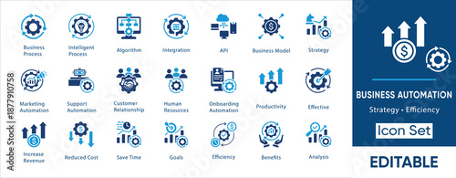Business automation icon set. Containing strategy, efficiency, process, integration, productivity, analysis, revenue and more. Solid vector icons collection.