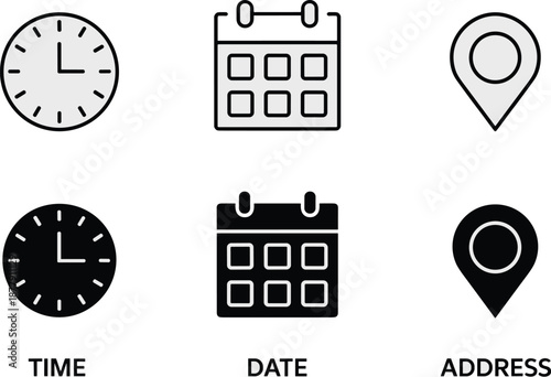 Time Date Address Icon Set: Black and White Outline Symbols for Schedule, Appointment, and Location Planning. Minimalist Graphic Resource for Business, Events, Marketing, and UI Design. Vector Illustr