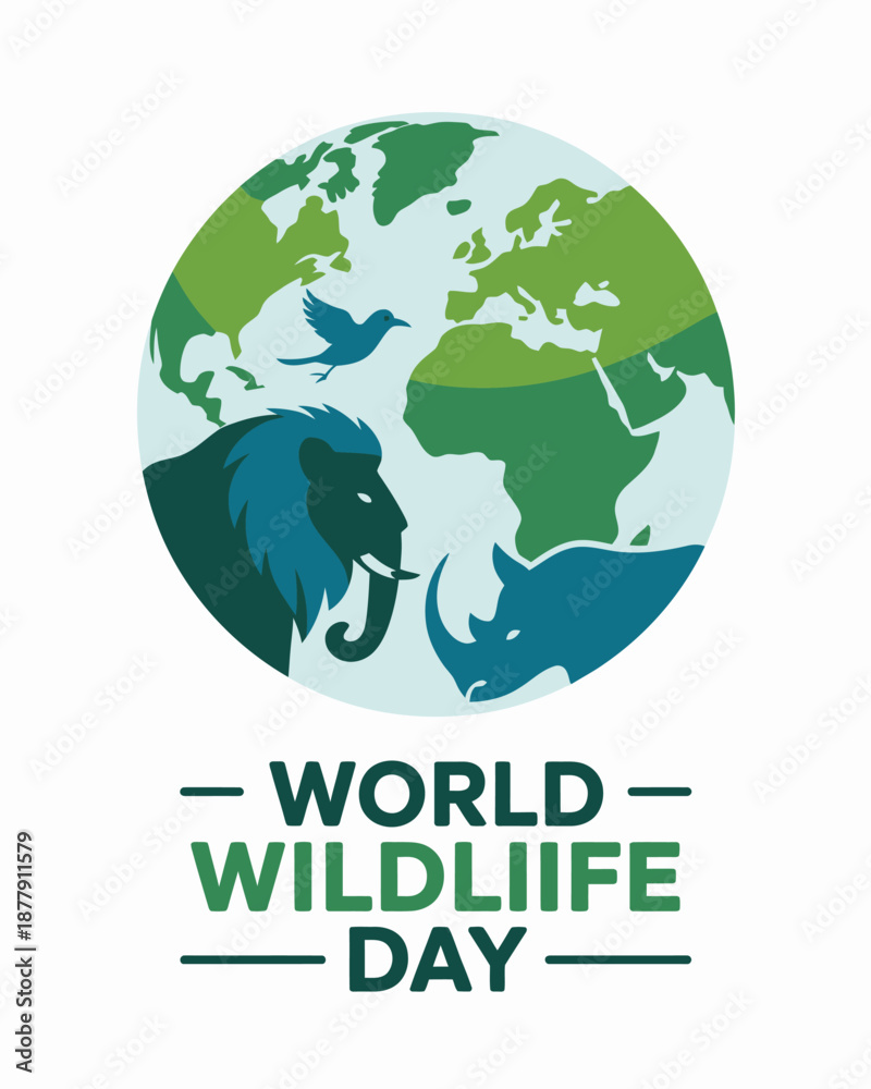 Fototapeta premium Globe with Elephant and Bird Silhouettes for Wildlife Day