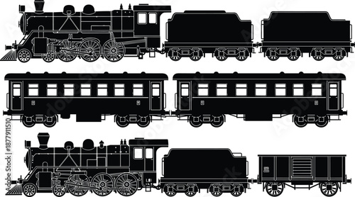 Silhouette vector illustration of steam locomotives, coal tenders, passenger cars, and boxcars for vintage train transport and railway design