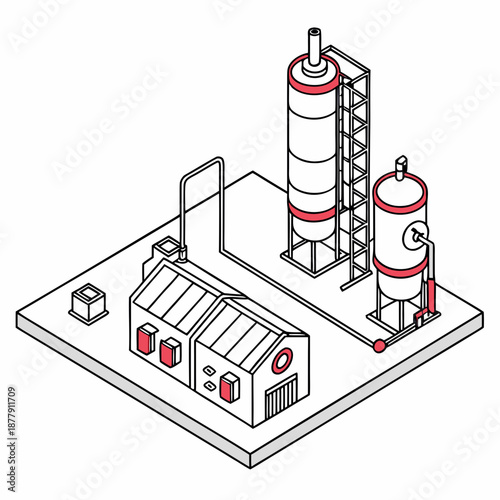 Chemical research pilot plant technology, scaled production, innovation, and industrial development, detailed vector diagram.