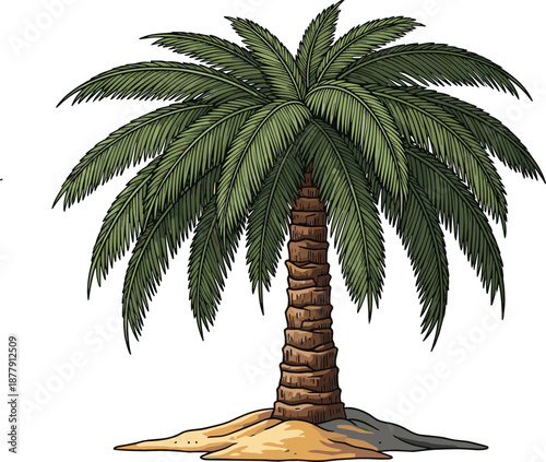 Detailed vector illustration of a tropical palm tree with a textured brown trunk and vibrant green fan-style fronds.
