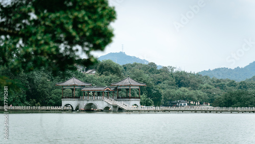 The Nine Curve Bridge, Corridor Bridge, and Landscape of Xihu Lake Pavilion in Huizhou, Guangdong Province