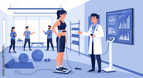 Woman undergoing body composition analysis with doctor in fitness center.