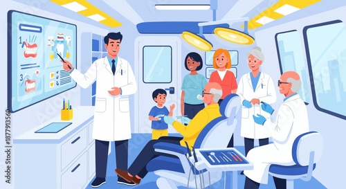 Dentist Explaining Dental Health to Patients in Clinic Illustration.
