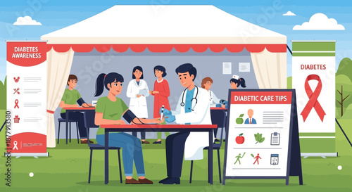 Diabetes Awareness Event Doctor Checking Patients Blood Pressure at Outdoor Clinic.