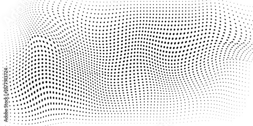 Halftone dotted gradient. Screen tone bg. Black pixel speckle wave background. Retro noise effect comic pattern. Retro grain dust overlay. Dot grid print banner. Grungy faded dirt dust vintage design