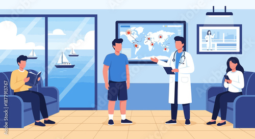 Doctor explaining travel health risks to patient in waiting room.