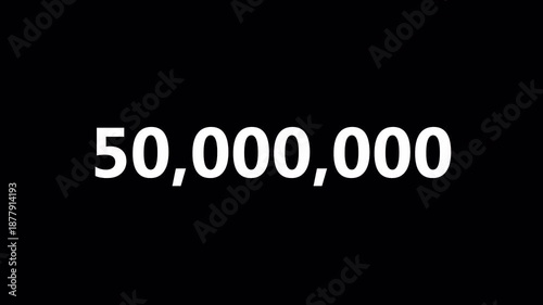 Number counter animation from zero to fifty million numbers on a transparent background, Count-up animation from 0 to 50,000,000 with alpha channel.