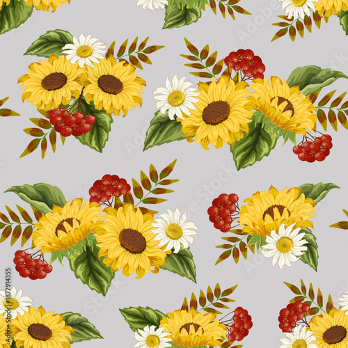 Gorgeous pattern with sunflowers and red berries.Vector seamless pattern with sunflowers, daisies and red berries on a transparent background.