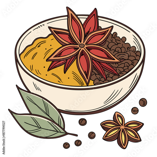 Bowl of spices with star anise and bay leaves on white background