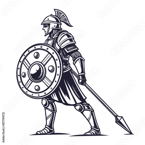 Warrior in metal armor holding round shield and spear