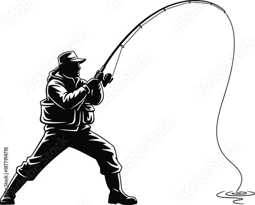 Energetic monochrome vector illustration of a dedicated fisherman casting a long line with precision