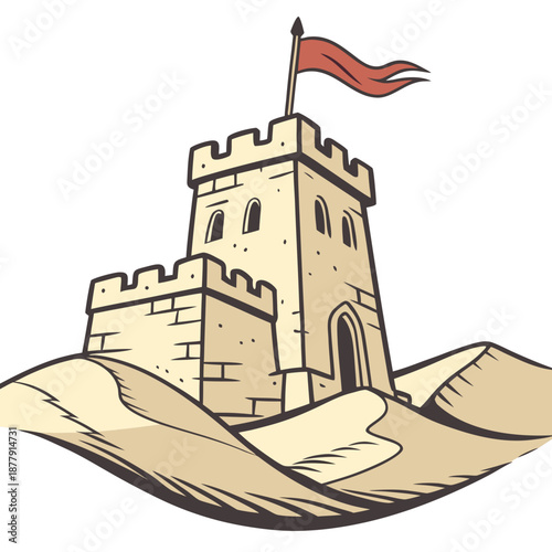 Desert castle with flag on sand tower