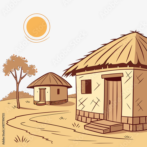 Clay village houses under bright sunlight white background 1