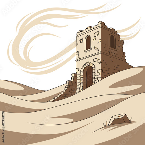 Desert sand storm rolling over abandoned stone watchtower ruin