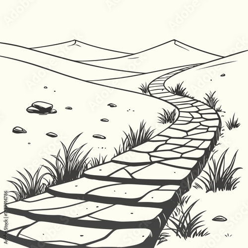 Old stone path disappearing into desert with white background