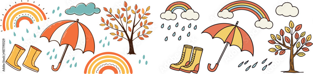 Naklejka premium Hand-drawn vector illustration of autumn rain, umbrellas, boots, and rainbows for a cheerful, seasonal theme