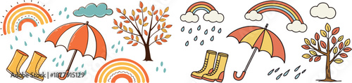 Hand-drawn vector illustration of autumn rain, umbrellas, boots, and rainbows for a cheerful, seasonal theme