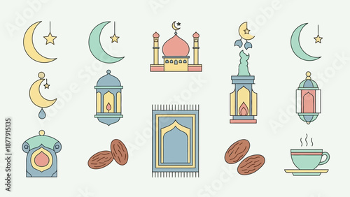 Ramadan symbols and icons set, including mosques, lanterns, coffee, dates, prayer mat, crescent moon, star, and tea, representing Islamic culture and traditions.
