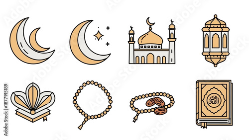 Islamic icons collection featuring crescent moon, mosque, lantern, and sacred objects in a simple, flat design style
