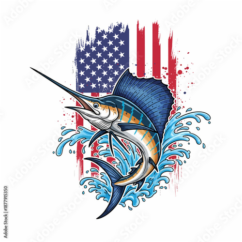 american flag sailfish jumping out of water with blue ocean splash vector illustration